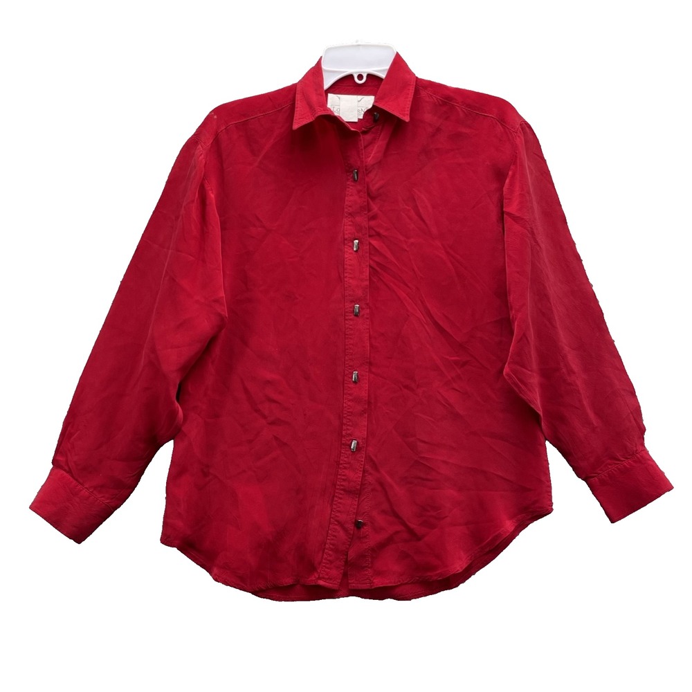 Vintage Longhorn Western Shirt Womens Small Red Silky Classic Office Cowgirl USA